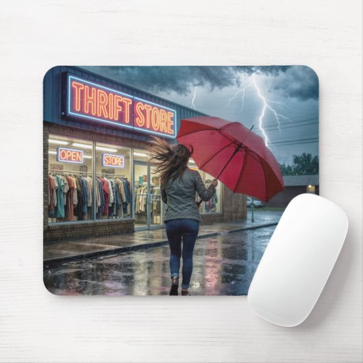 Frau läuft auf ein Second-Hand-Geschäft zu während Mousepad (Mit Mouse)
