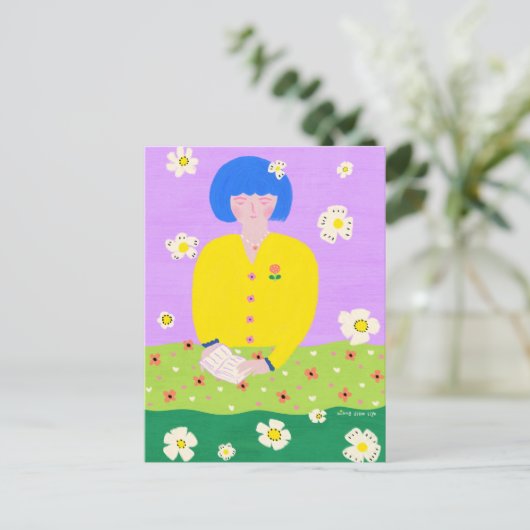 Frau lesend im Garten Postkarte (Stehend Vorderseite)