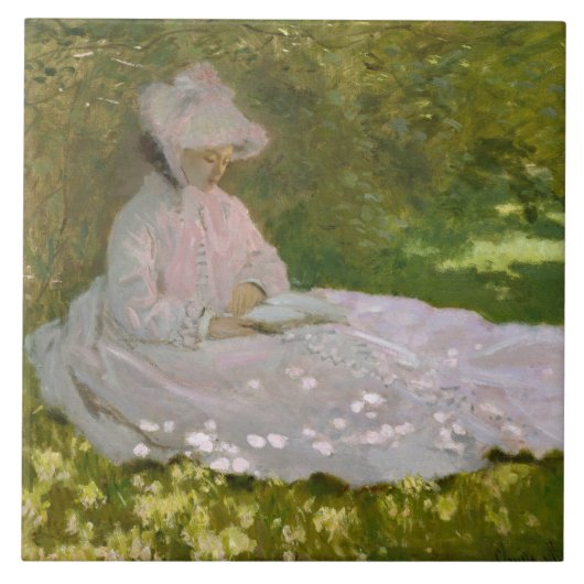 Frau liest Frühlings-Monet Fliese (Vorderseite)
