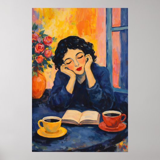 Frau liest Kaffeeplakat, Vintage Impressionist Poster (Vorne)