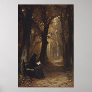 Frau liest traurigen Herbstwald Kunst-Druckvorlage Poster
