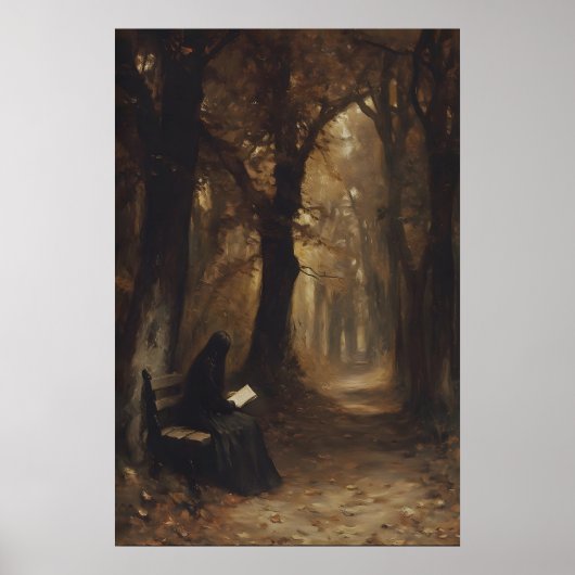 Frau liest traurigen Herbstwald Kunst-Druckvorlage Poster (Vorne)