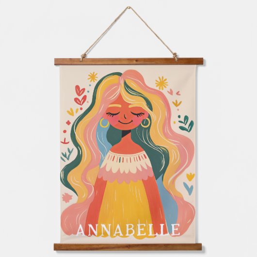 Frau Mädchen Boho Blumen Illustration Vorname Wandteppich Mit Holzrahmen (Vorderseite)