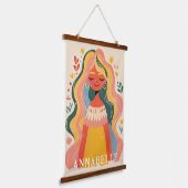 Frau Mädchen Boho Blumen Illustration Vorname Wandteppich Mit Holzrahmen (Gewinkelt)
