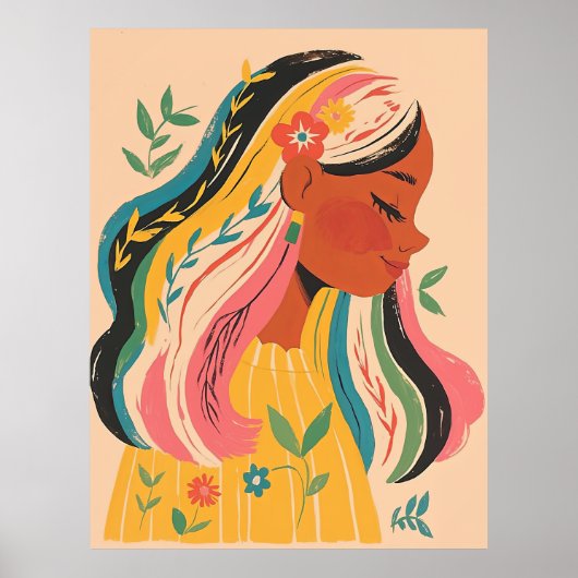 Frau Mädchen Süß Boho Blumen Illustration Poster (Vorne)