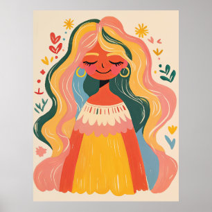 Frau Mädchen Süß Boho Blumen Illustration Poster