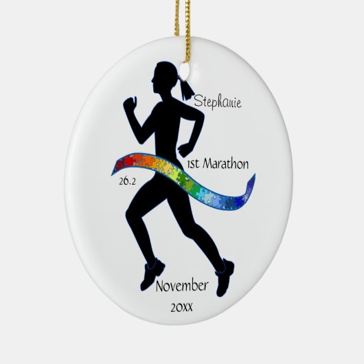 Frau Marathon Runner Puzzle Rainbow Ribbon Keramikornament (Rechts)