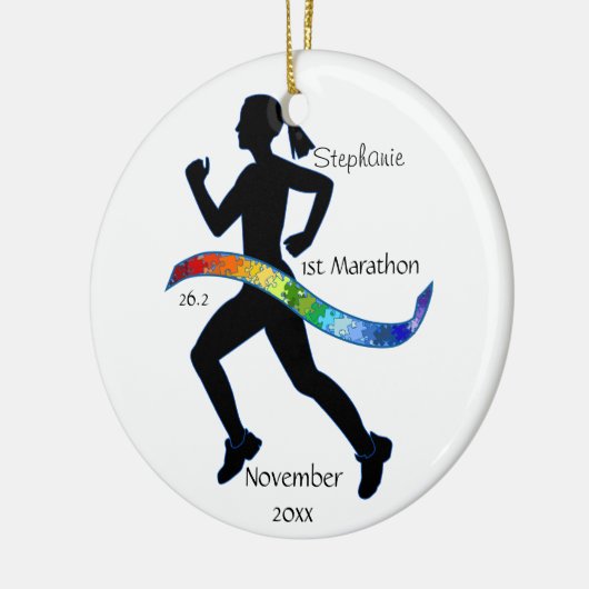 Frau Marathon Runner Puzzle Rainbow Ribbon Keramikornament (Links)