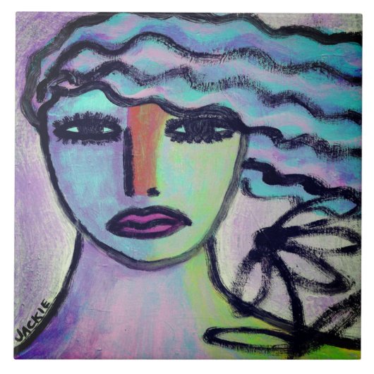 Frau mit Abstraktem Portrait der Blume Fliese (Vorderseite)