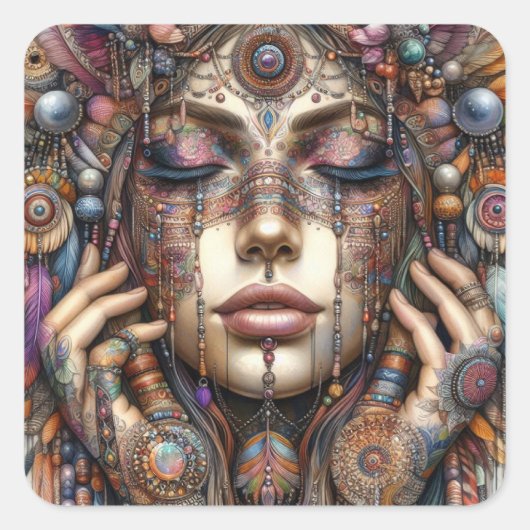 Frau mit aufwändiger, im Stammesalter Inspiriert O Quadratischer Aufkleber (Vorderseite)