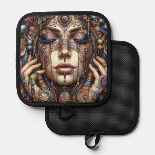 Frau mit aufwändiger, im Stammesalter Inspiriert O Topflappen (Vorderseite/Rückseite)