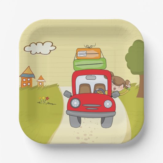 Frau mit Auto Pappteller (Vorderseite)