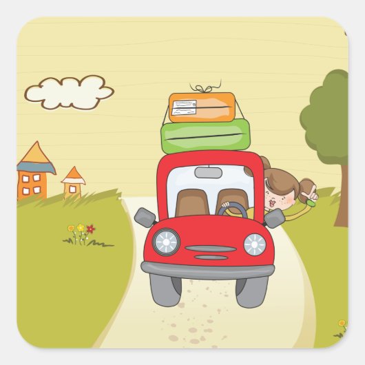 Frau mit Auto Quadratischer Aufkleber (Vorderseite)