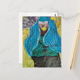 Frau mit blauem Haar Mixed Media Collage Postkarte