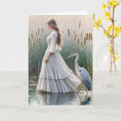 Frau mit blauem Heron zum Nachdenken Karte (Gelbe Blume)