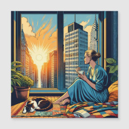 Frau mit Blick auf das Fenster Kaffee trinken Magnetkarte