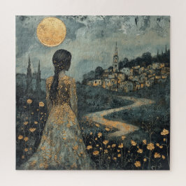 Frau mit Blick auf die Stadt Mondlicht Puzzle