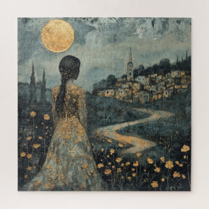 Frau mit Blick auf die Stadt Mondlicht Puzzle