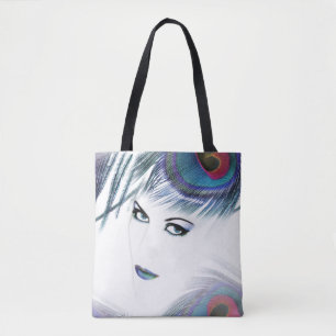 Frau mit Blue Peacock Feather Stilftiger Tote Bag Tasche