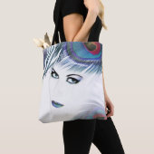 Frau mit Blue Peacock Feather Stilftiger Tote Bag Tasche (Von Nahem)