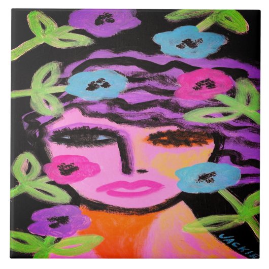 Frau mit Blume Abstrakt Portrait Fliese (Vorderseite)
