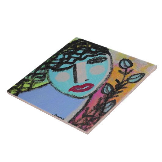 Frau mit Blume Abstrakt Portrait Fliese (Seite)