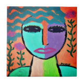 Frau mit Blume Abstrakt Portrait Fliese (Vorderseite)