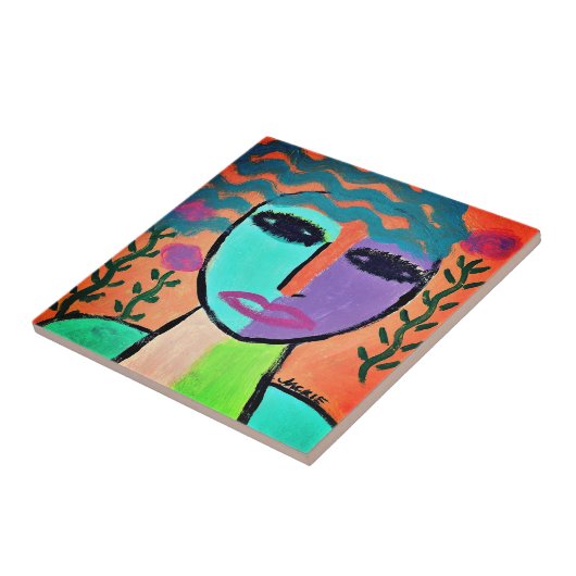 Frau mit Blume Abstrakt Portrait Fliese (Seite)