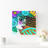 Frau mit Blume Abstrakte Kunst Quadratische Wanduhr (Zuhause)