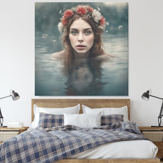 Frau mit Blume auf ihrem Kopf im Teich Leinwanddruck (Insitu (Schlafzimmer))