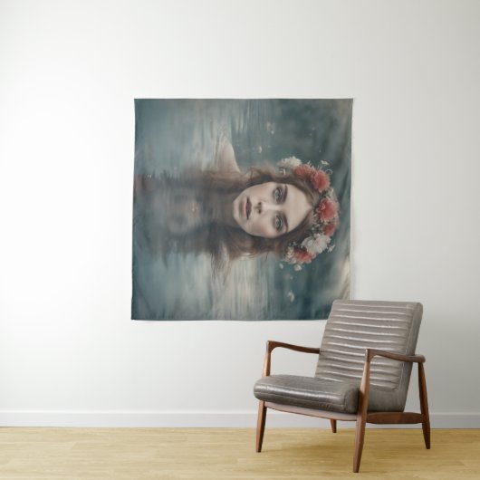 Frau mit Blume auf ihrem Kopf im Teich Wandteppich (Beispiel (Horizontal))