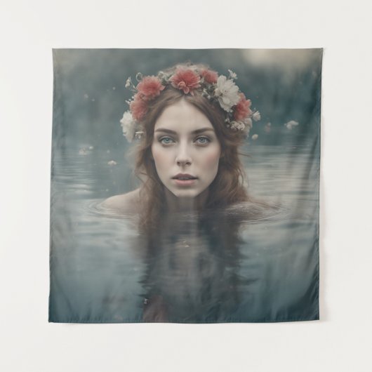 Frau mit Blume auf ihrem Kopf im Teich Wandteppich (Vorderseite)