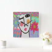 Frau mit Blume Funky Abstrakt Art Large Clock Quadratische Wanduhr (Zuhause)
