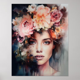 Frau mit Blume Head Art Print Poster