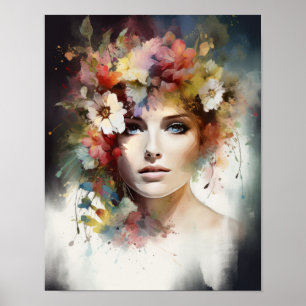 Frau mit Blume Head Art Print Poster