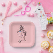 Frau mit Blume Linie Art Pink Pappteller (Party)