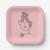 Frau mit Blume Linie Art Pink Pappteller (Vorderseite)