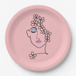 Frau mit Blume Linie Art Pink Pappteller