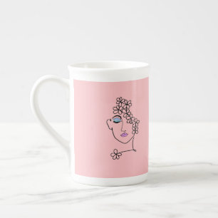 Frau mit Blume Linie Art Pink Porzellantasse