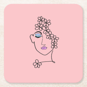 Frau mit Blume Linie Art Pink Rechteckiger Pappuntersetzer