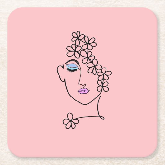 Frau mit Blume Linie Art Pink Rechteckiger Pappuntersetzer (Vorderseite)
