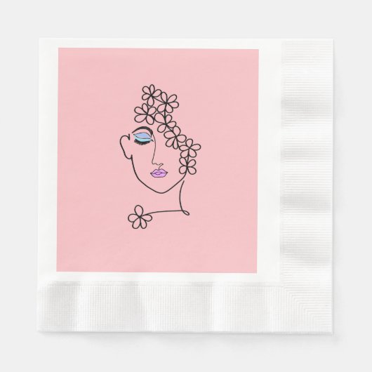 Frau mit Blume Linie Art Pink Serviette (Vorderseite)