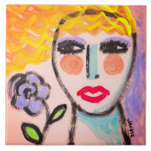 Frau mit Blume Original Abstrakte Kunst Fliese (Vorderseite)