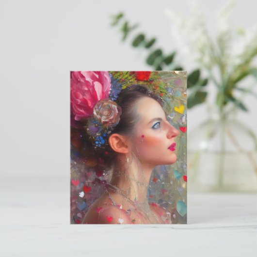 Frau mit Blume und Herz Postkarte (Stehend Vorderseite)