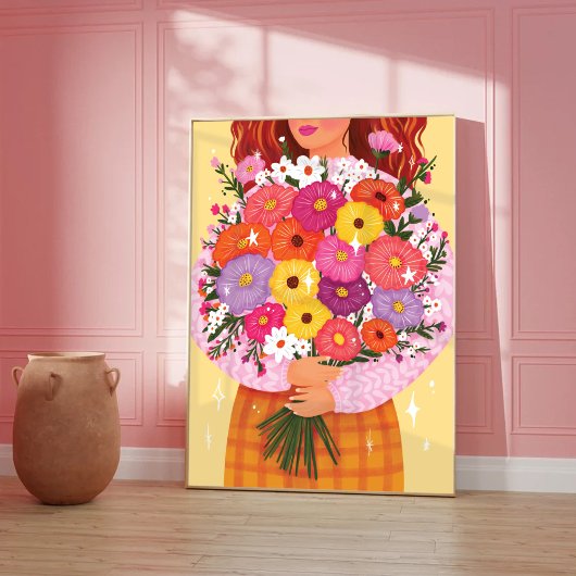 Frau mit Blumen Farbige Illustration Lady Kunst Poster