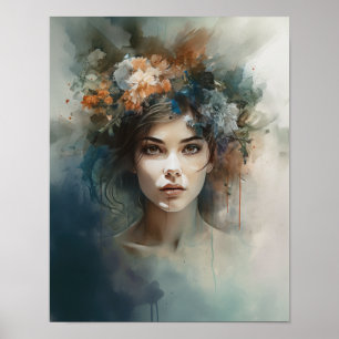 Frau mit Blumen Kopf Kunst Druck Poster