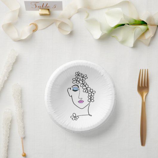 Frau mit Blumen Linienkunst Pappteller (Hochzeit)