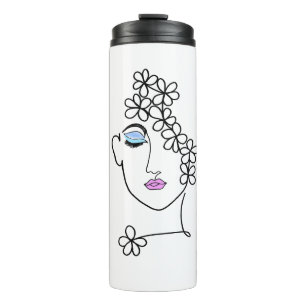 Frau mit Blumen Linienkunst Thermosbecher