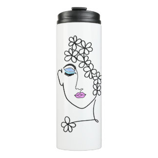 Frau mit Blumen Linienkunst   Thermosbecher