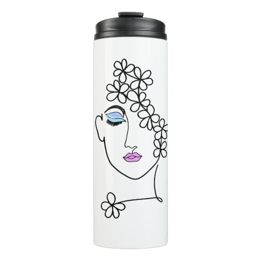 Frau mit Blumen Linienkunst Thermosbecher (Vorderseite)